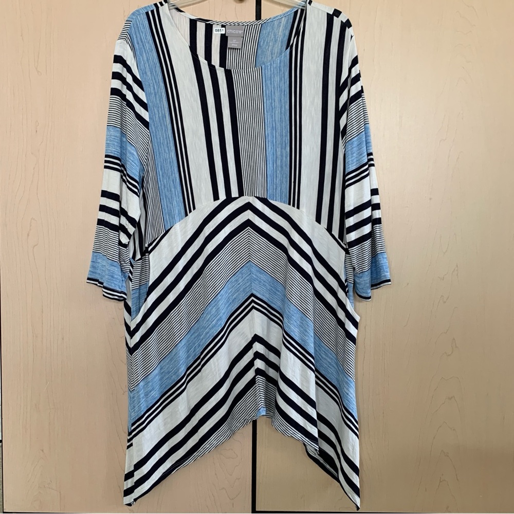 Chico's Women's Stretch Asymmetrical Knit Tunic Top Stripe Multi Blue 3P (XL‎ P)